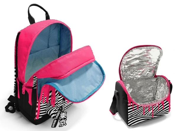 Coral High İlkokul ve Ortaokul Sırt Çantası ve Beslenme Seti - Kız Çocuklar İçin Pembe Siyah Beyaz Boya Desenli - Resim 2