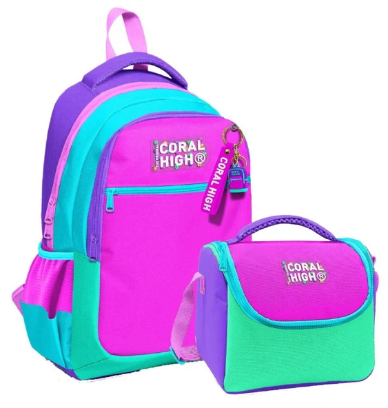 Coral HighKız Çocuklar İçin Üç Gözlü Pembe Yeşil Çok Renkli Okul Sırt Çantası ve Termal Beslenme Çantası - 1