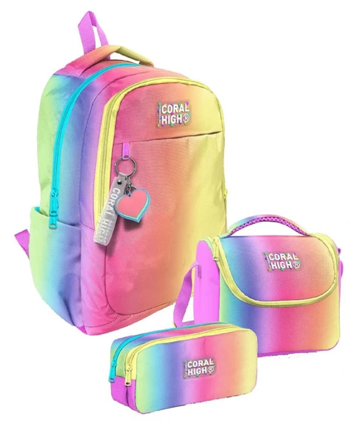 Coral High Üç Bölmeli Kız Çocuk, Lacivert Mavi Çizgi Desenli, İlkokul ve Ortaokul Üçlü Okul Çanta Seti ürün görseli