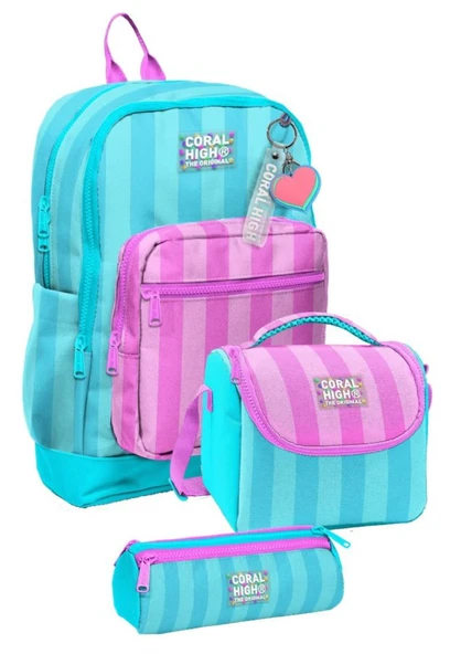Coral High İlkokul Üçlü Okul Başlangıç Çanta Seti - Turkuaz Pembe Çizgili, Kız Çocuk ürün görseli