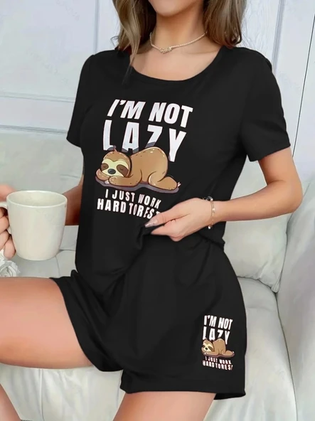 Kadın Kısa Kollu Bisiklet Yaka Baskılı Viskon Bluz Ve şort Ikili Takım ürün görseli