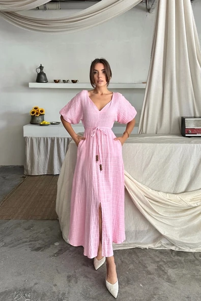 V YAKA BEL BONCUK BAĞLAMALI MÜSLİN ELBİSE YIRTMAÇ DETAYLI - Pembe - 3