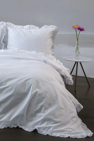 Naturis Premium %100 Pamuk Fırfırlı Çift Kişilik Nevresim Takımı- Beyaz