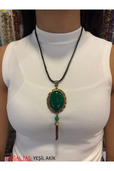 DOĞAL TAŞLI ÖZEL EL İŞLEMESİ BAKIR KOLYE - 4