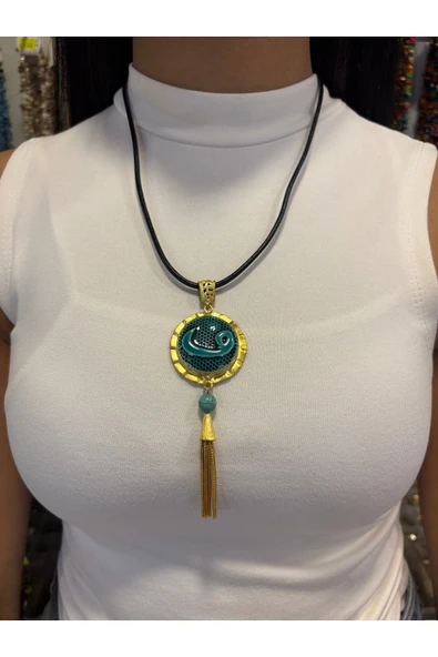 SERAMİK TAŞLI ÖZEL EL İŞLEMESİ BAKIR KOLYE - Resim 4