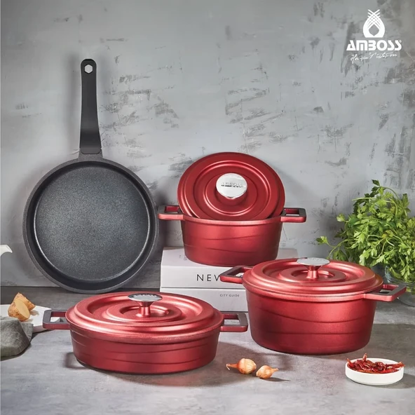 Amboss Copper Kırmızı 7 Parça Alüminyum Döküm Tencere Seti