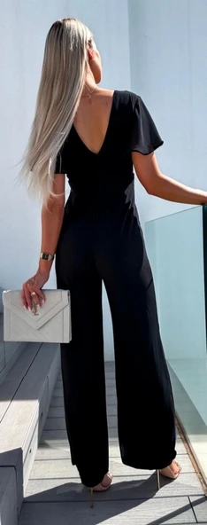 Kadın Kısa Kollu Kruvaze Yaka Sırt Dekolteli Pegasus Kumaş Tulum - Resim 3