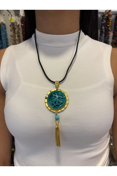 SERAMİK TAŞLI ÖZEL EL İŞLEMESİ BAKIR KOLYE ürün görseli 1