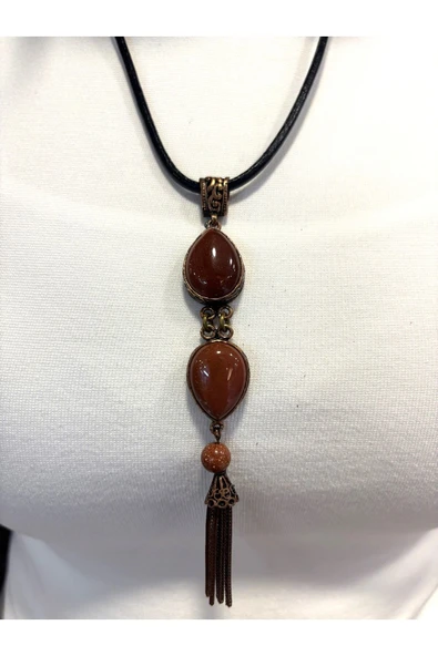 DOĞAL TAŞLI ÖZEL EL İŞLEMESİ BAKIR KOLYE - 11