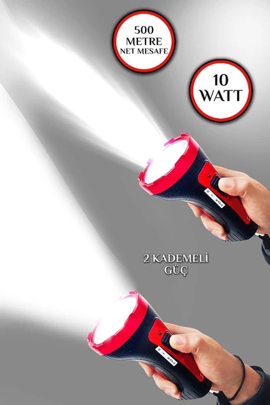 Şarjlı 10w Projektör Led El Feneri 2 Mod Aydınlatmalı Uzun Menzil Güvenlik Bekçi Polis Feneri Işıldak - 2