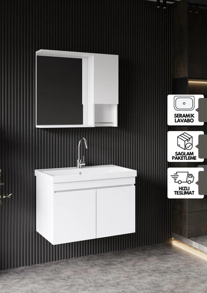 Karen Banyo Deniz Banyo Dolabı Seti, 80 Cm Beyaz, Lavabo Dahil, Lavabolu