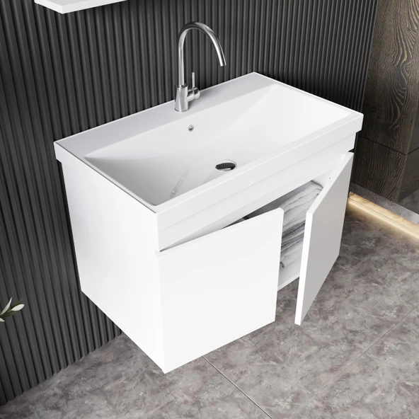 Karen Banyo Deniz Banyo Dolabı Seti, 80 Cm Beyaz, Lavabo Dahil, Lavabolu - 4