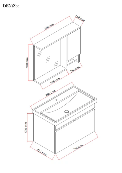 Karen Banyo Deniz Banyo Dolabı Seti, 80 Cm Beyaz, Lavabo Dahil, Lavabolu - 5