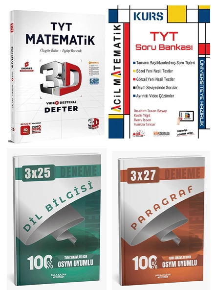 3D + Acil 2026 TYT Kurs Matematik ve 3D TYT Matematik Ders Defter Anla Kazan Deneme 4 lü Set - 2