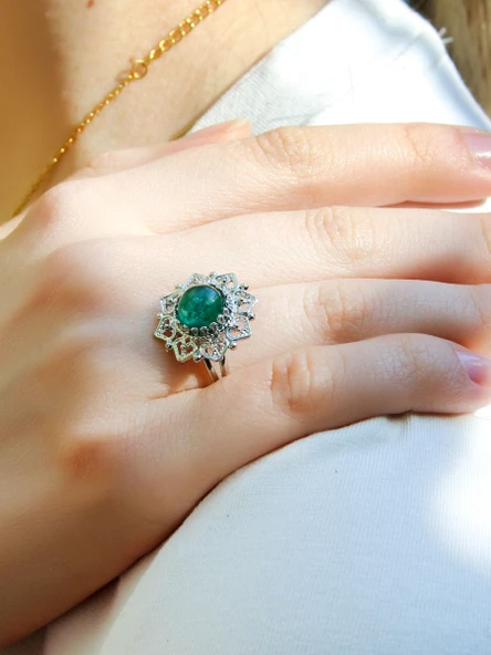 Doğal Taş Yeşil Akik Doğal Taşlı Telkari Model Kadın Ayarlanabilir Gümüş Kaplama Yüzük euy62yar ürün görseli