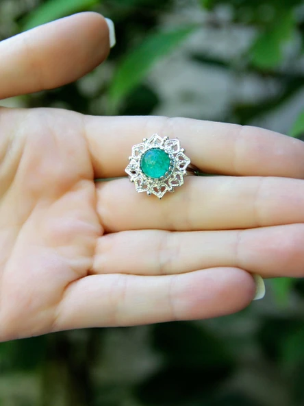 Doğal Taş Yeşil Akik Doğal Taşlı Telkari Model Kadın Ayarlanabilir Gümüş Kaplama Yüzük euy62yar - Resim 3