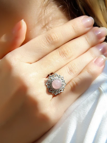 Doğal Taş Pembe Kuvars Doğal Taşlı Telkari Model  Kadın Ayarlanabilir Gümüş Kaplama Yüzük euy62pkr - Resim 2