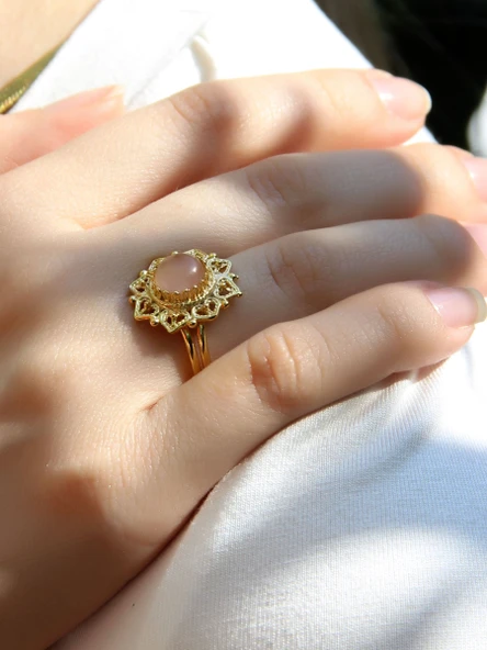 Doğal Taş Pembe Kuvars Doğal Taşlı Telkari Model  Kadın Ayarlanabilir Altın Kaplama Yüzük euy62pkg - Resim 2