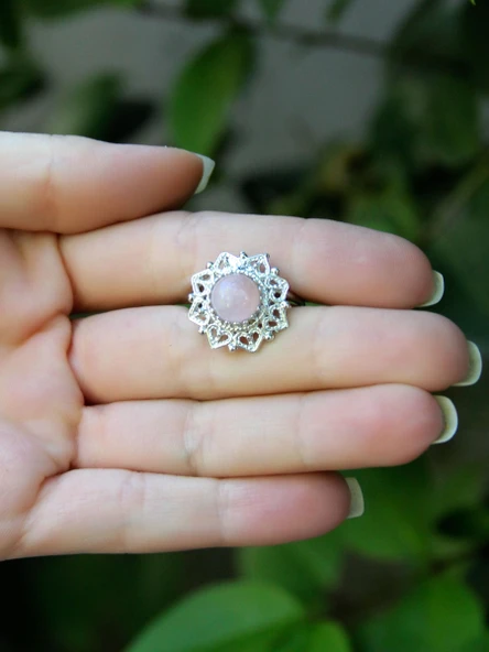 Doğal Taş Pembe Kuvars Doğal Taşlı Telkari Model  Kadın Ayarlanabilir Gümüş Kaplama Yüzük euy62pkr - 3