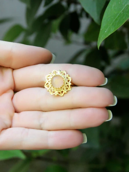 Doğal Taş Pembe Kuvars Doğal Taşlı Telkari Model  Kadın Ayarlanabilir Altın Kaplama Yüzük euy62pkg - Resim 3