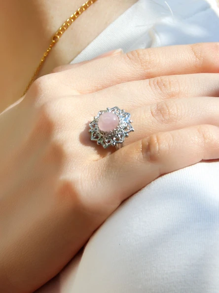 Doğal Taş Pembe Kuvars Doğal Taşlı Telkari Model  Kadın Ayarlanabilir Gümüş Kaplama Yüzük euy62pkr ürün görseli