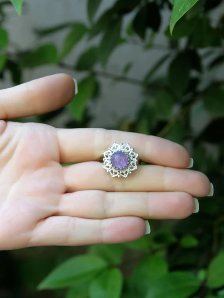 Doğal Taş Ametist Doğal Taşlı Telkari Model  Kadın Ayarlanabilir Gümüş Kaplama Yüzük euy62amtr - Resim 3