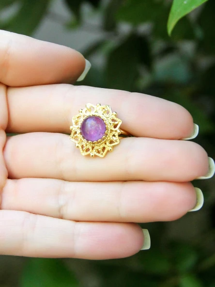 Doğal Taş Ametist Doğal Taşlı Telkari Model  Kadın Ayarlanabilir Altın Kaplama Yüzük euy62amtg - Resim 3