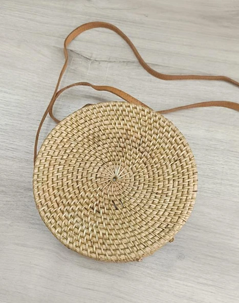 Çanta Bambu Rattan El Yapımı Deniz Kabuklu Yuvarlak Deri Askı Kadın Hasır Omuz Çantası - 6