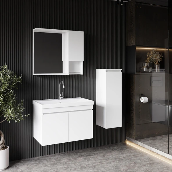 Karen Banyo Deniz 80 Cm Lavabolu, Aynalı Banyo Dolabı, Lavabo Dahil, Boy Dolabı Dahil, Beyaz - 2