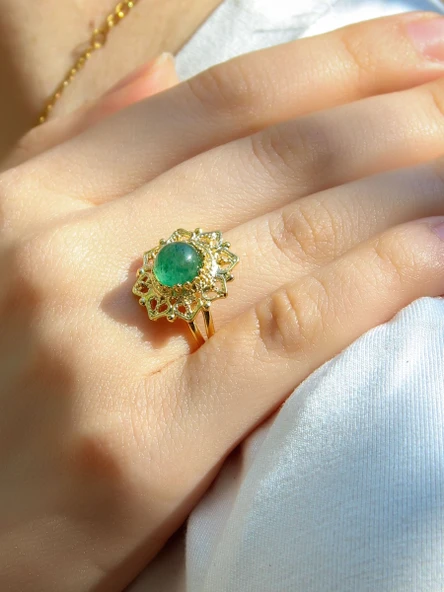 Doğal Taş Yeşil Akik Doğal Taşlı Telkari Model  Kadın Ayarlanabilir Altın Kaplama Yüzük euy62yag ürün görseli