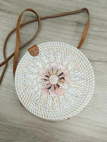 Çanta Bambu Rattan El Yapımı Deniz Kabuklu Yuvarlak Deri Askı Kadın Hasır Omuz Çantası 17955