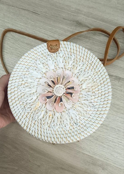 Çanta Bambu Rattan El Yapımı Deniz Kabuklu Yuvarlak Deri Askı Kadın Hasır Omuz Çantası 17955 - 2