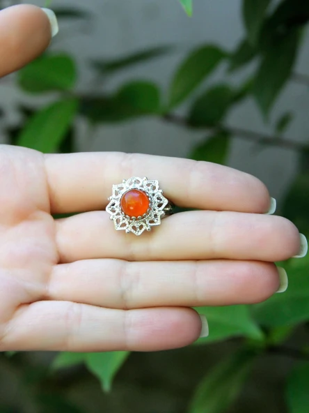 Doğal Taş Akik Doğal Taşlı Telkari Modelli Kadın Ayarlanabilir Gümüş Kaplama Yüzük euy62ar - Resim 3