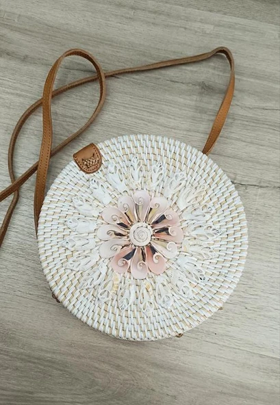 Çanta Bambu Rattan El Yapımı Deniz Kabuklu Yuvarlak Deri Askı Kadın Hasır Omuz Çantası 17955 - 4