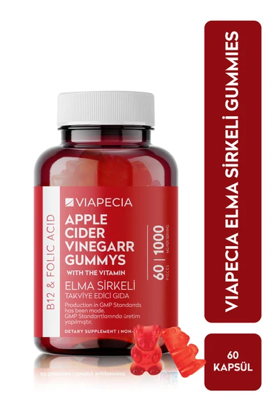 Viapecia Elma Sirkeli B12 & Folik Asit Gummy 60 Adet Jelatinsiz Glütensiz Vegan ve Gdo'suz