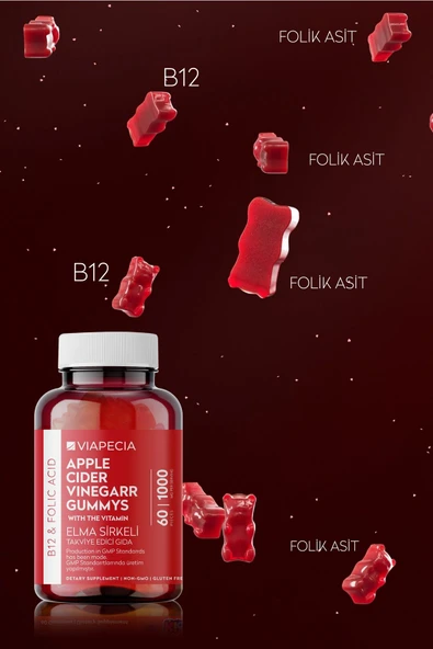 Viapecia Elma Sirkeli B12 & Folik Asit Gummy 60 Adet Jelatinsiz Glütensiz Vegan ve Gdo'suz - 4