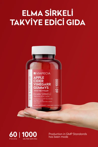 Viapecia Elma Sirkeli B12 & Folik Asit Gummy 60 Adet Jelatinsiz Glütensiz Vegan ve Gdo'suz - 3