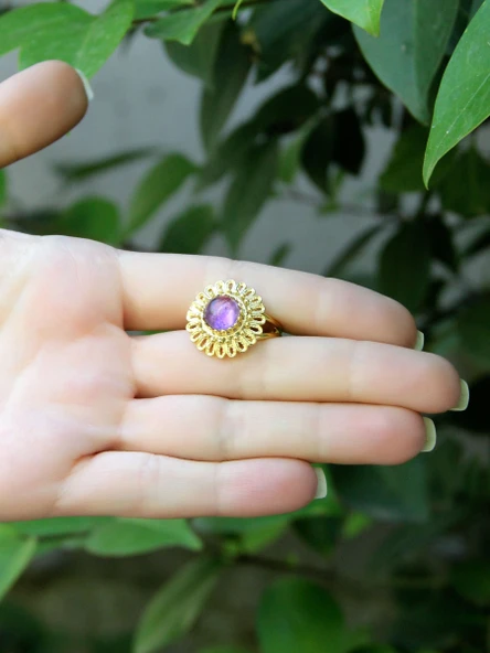 Doğal Taş Ametist Doğal Taşlı Telkari Model  Kadın Ayarlanabilir Altın Kaplama Yüzük euy63amtg - Resim 3