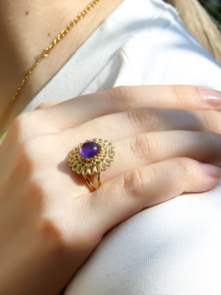 Doğal Taş Ametist Doğal Taşlı Telkari Model  Kadın Ayarlanabilir Altın Kaplama Yüzük euy63amtg ürün görseli
