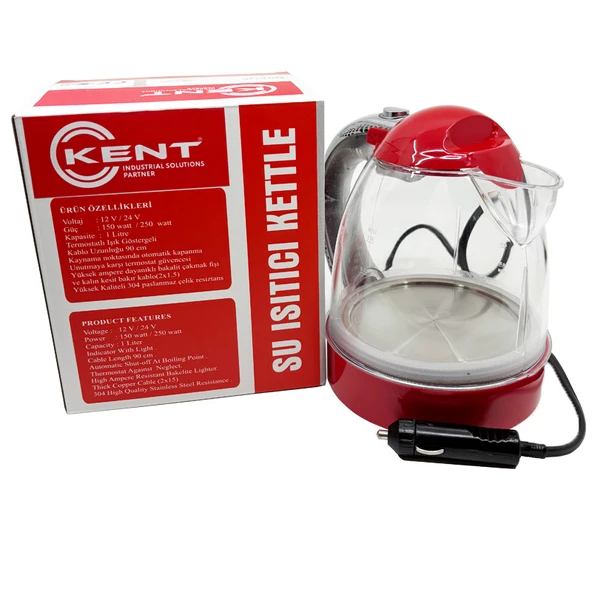 Kent 24 Volt Araç İçi Oto Su Isıtıcı Kettle Çaydanlık 1 Lt  Kırmıızı - 4