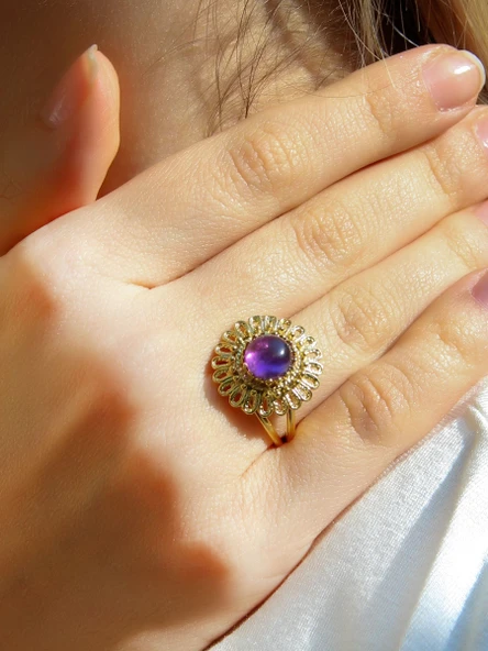 Doğal Taş Ametist Doğal Taşlı Telkari Model  Kadın Ayarlanabilir Altın Kaplama Yüzük euy63amtg - Resim 2