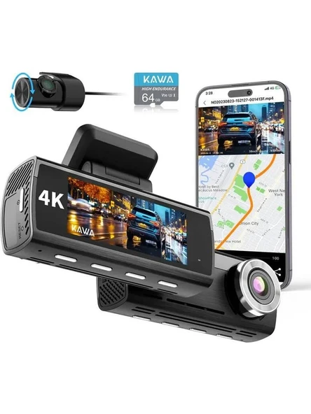 Kawa D8 2 Kameralı Ön / Arka 4K + 1080P Sony Starvis Sensörlü Türkçe Wi-Fi Gps'li Araç Kamerası