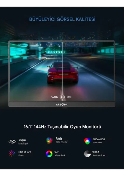 Arzopa Z1FC 16.1" 13 ms Full HD IPS 144 Hz Taşınabilir Oyuncu Monitörü - 2