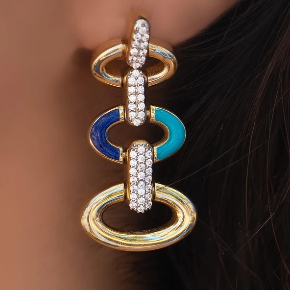 Mavi Turkuaz Mineli Oval Tasarım Altın Küpe - 3