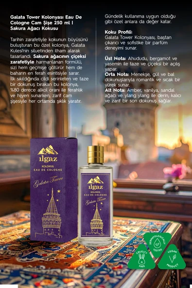 Galata Tower Kolonyası | Eau De Cologne Cam Şişe 250 ml | Türkiye Serisi Sakura Ağacı Kokusu - 2