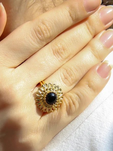 Doğal Taş Oniks Doğal Taşlı Telkari Model Kadın Ayarlanabilir Altın Kaplama Yüzük euy63og - Resim 2