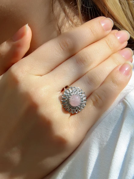 Doğal Taş Pembe Kuvars Doğal Taşlı Telkari Model Kadın Ayarlanabilir Gümüş Kaplama Yüzük euy63pkr ürün görseli