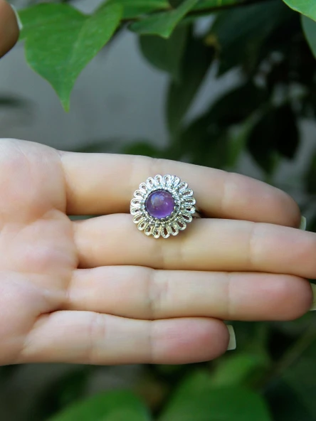Doğal Taş Ametist Doğal Taşlı Telkari Model Kadın Ayarlanabilir Gümüş Kaplama Yüzük euy63amtr - Resim 3