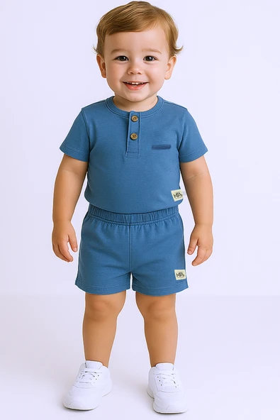 ERKEK BEBEK ŞORTLU TAKIM BİSİKLET YAKA DÜĞMELİ DÜZ RENK A79 - 7