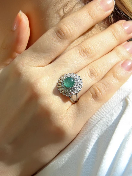 Doğal Taş Yeşil Akik Doğal Taşlı Telkari Model Kadın Ayarlanabilir Gümüş Kaplama Yüzük euy63yar ürün görseli